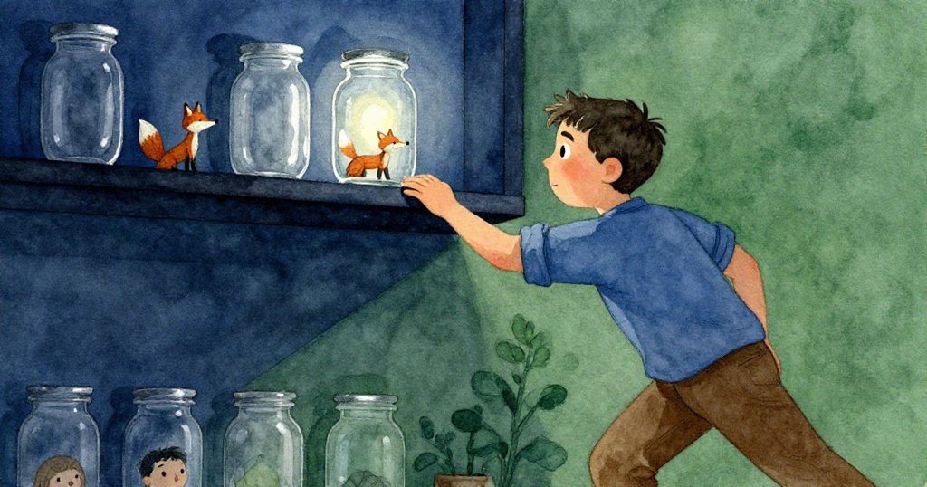 從凱恩背後觀察，他正小心搬動玻璃罐，眼神專注，細小雕狐在櫥架邊搖搖欲墜，燈光冷峻。