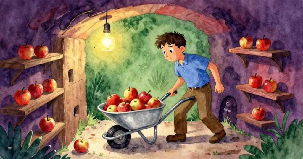 凱恩在隱秘的地窖走廊中踱步，小心調整步伐，背景有不規則櫥架及搖晃的手推車，蘋果隱現翻滾。