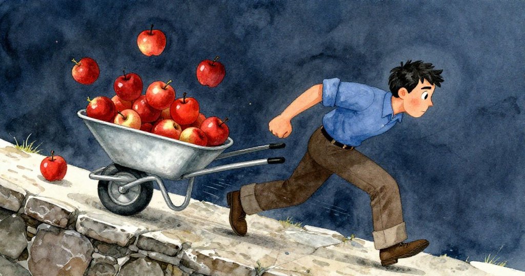 凱恩急速追趕翻滾的手推車，蘋果撞擊靴子，引發一連串混亂，動態場面充滿戲劇張力。