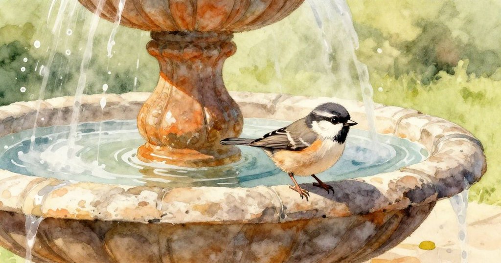 灰雀在明亮午後於古老噴泉邊躍動，推動散落沙粒，水霧映照石面，展現專注與活力，營造自然寧靜氛圍。