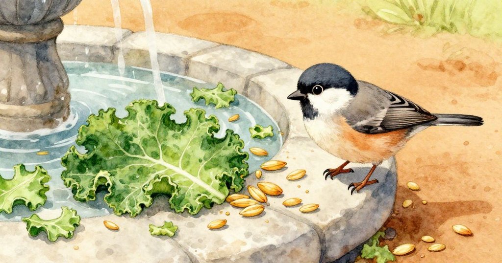 灰雀靠近噴泉邊，仔細觀察明亮綠色碎片與散落穀粒，細膩質感與柔和光影交織，充滿好奇與探究情緒。