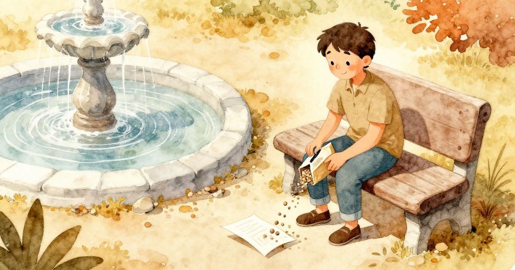 獸醫坐於噴泉旁石椅上，半開午餐袋散落穀粒，小卵石滑入筆記本，神情專注且帶有驚訝，現場充滿微妙變化。