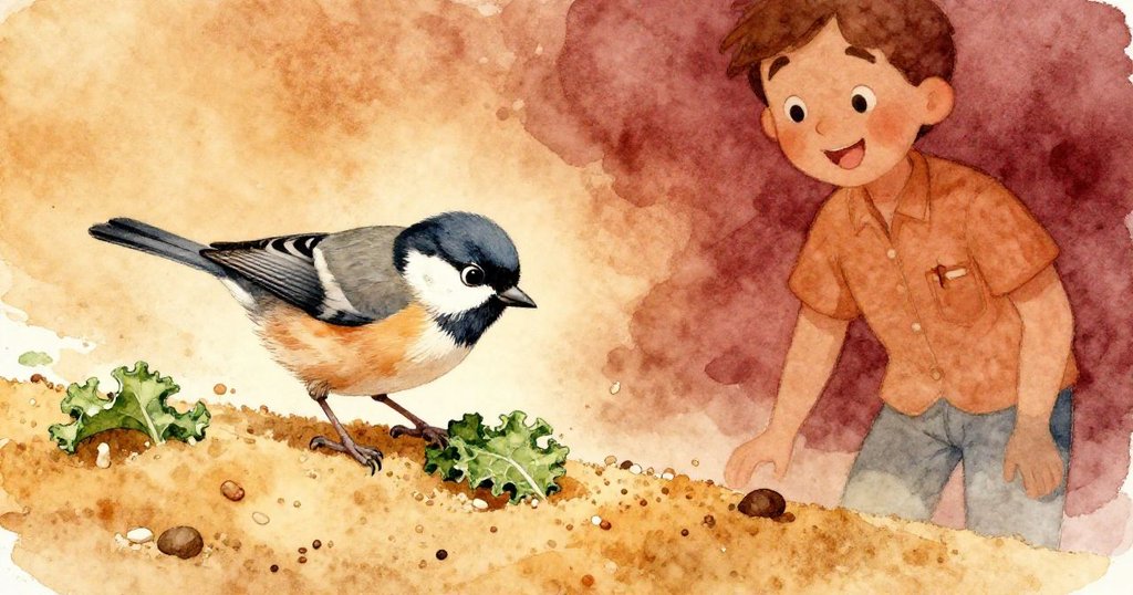 灰雀以有力動作踢動沙塵築起穩固堤，守住鮮綠碎片，獸醫欣喜凝望，共慶這充滿成就與歡樂的關鍵時刻。