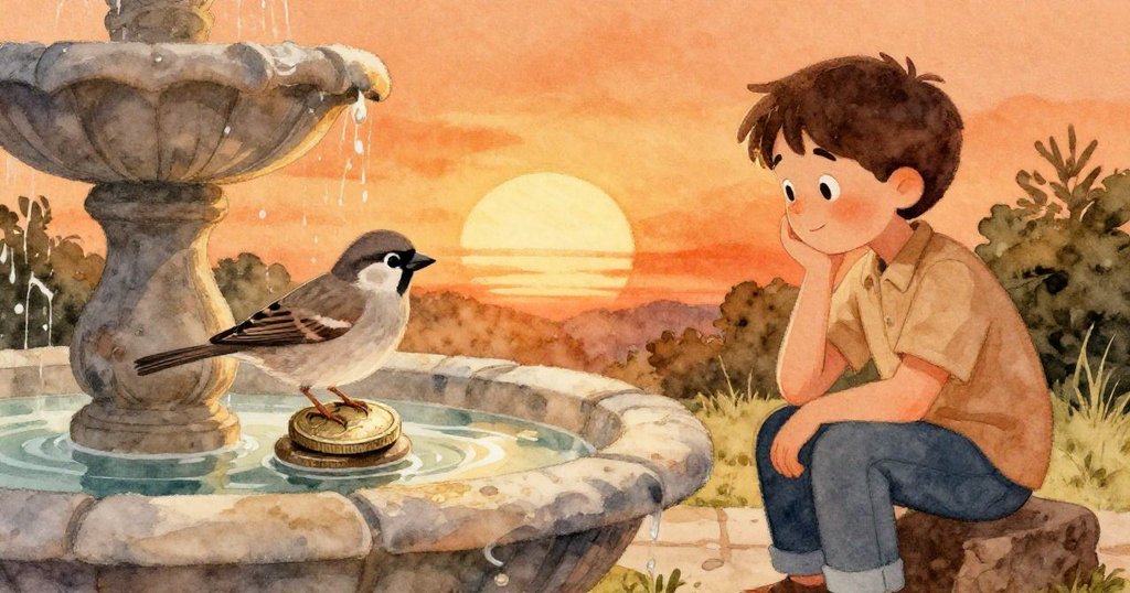 夕陽映照下，噴泉旁灰雀與獸醫共享寧靜時刻，小硬幣輕止濕卵石上，溫暖光影混合出平和深遠的情感。