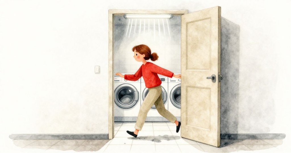 Flora 穿過明亮入口進入洗衣房,面帶好奇與期待,背景有閃爍螢光燈和潮濕磁磚展示故事開始的情境。