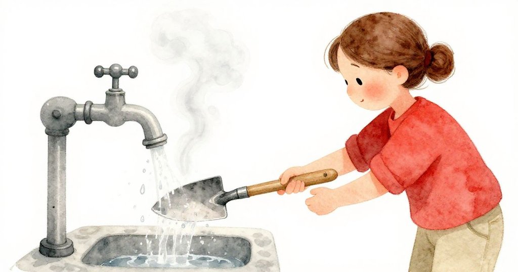 Flora 仔細操作鋼製鏟子,將其浸入激流中,水汽和飛濺水滴呈現出溫暖洗衣房中的動感細節,展現家庭工作初展步。