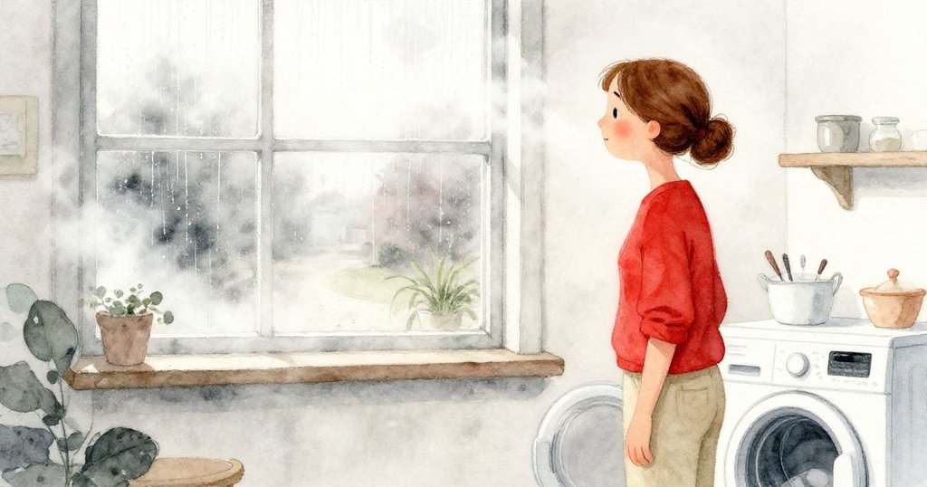 Flora 注視著蒙霧窗戶,感受窗外模糊庭院與蒸氣交織的神秘情境,臉上流露驚奇,展示室內外柔美過渡。