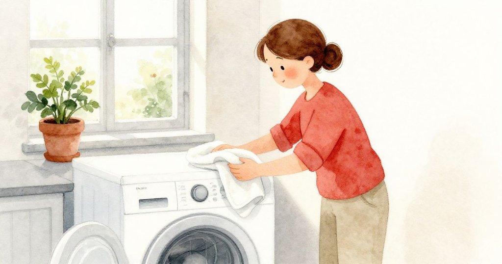 Flora 在明亮自然光中整理毛巾,旁邊窗邊小盆栽散發季節氣息,臉上專注且溫柔,展現家務與自然融合情境。