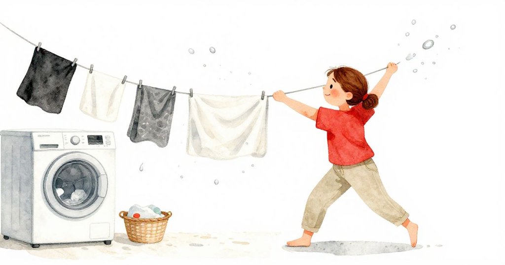 Flora 充滿活力地揮動毛巾,激起水滴與泡沫在晾衣繩上追逐,畫面呈現家庭洗衣房中生動熱鬧的動感。