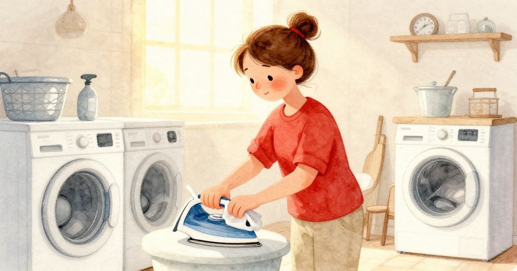 Flora 在夕陽金光中仔細清理熨斗,臉上流露滿足與平靜,背景展現洗衣房室內溫馨安靜的結尾氛圍。