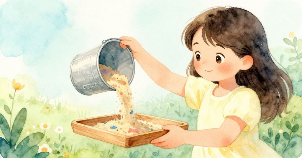 Ruby在柔和光線下專注托住木托盤,其手穩穩支持流動彩沙,動作溫柔細膩,展現藝術創作瞬間。