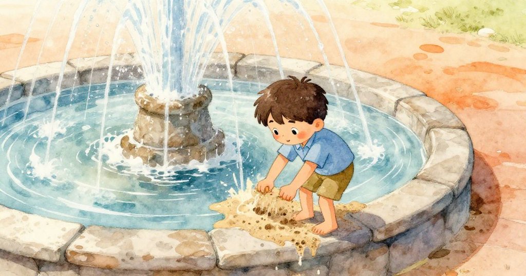 從高處俯瞰,Joel於噴泉邊認真捏著濕沙,水流噴濺中顯示努力與自然互動,場景充滿希望與挑戰。