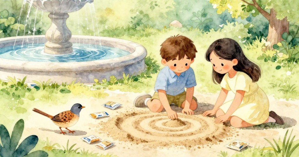 從高處俯視,Joel與Ruby攜手在噴泉創作沙螺旋,旁有好奇小鵪鶉跳躍,場景生動且充滿合作精神。