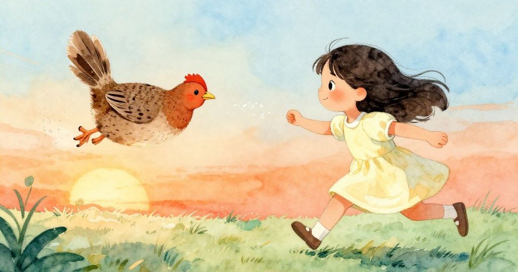 在夕光映照下,野鵪鶉振翅飛起散落粉塵,Ruby歡快追逐,水柱背景營造生動追逐戲劇感。