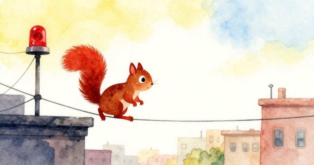 小松鼠在夕陽映照的屋頂上行走，與遠處紅色燈塔剪影相映，展現故事開端的探索情緒。