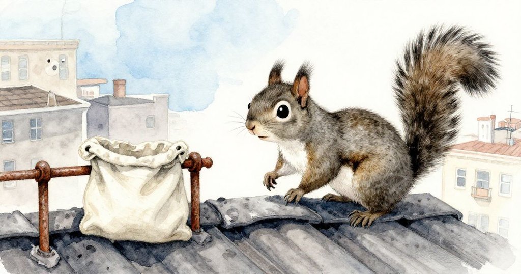 小松鼠的小爪子在柏油屋頂上仔細前行，旁邊生鏽欄杆和帆布袋細節豐富，展現冒險初續。