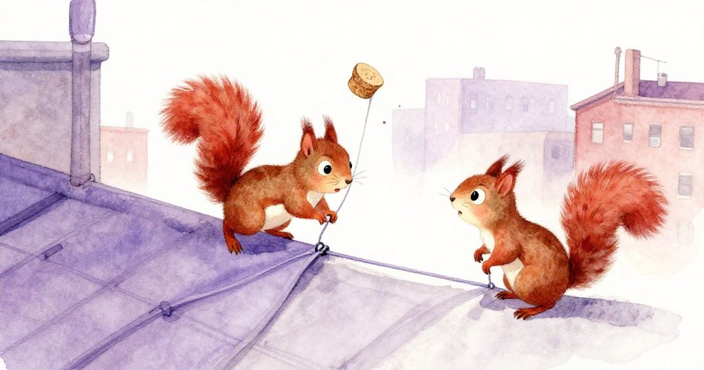 從後視角看見小松鼠踏上垮塌布袋，鬆緊帶拉伸並彈起軟木蓋，小松鼠表情驚訝，情節轉折明顯。