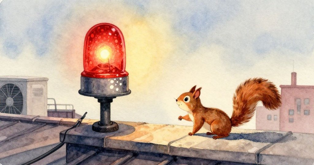 細節豐富的角落展示花園水管、泡沫墊和滾動小石，塵埃隨風飛揚，小松鼠在遠處靜觀情境。