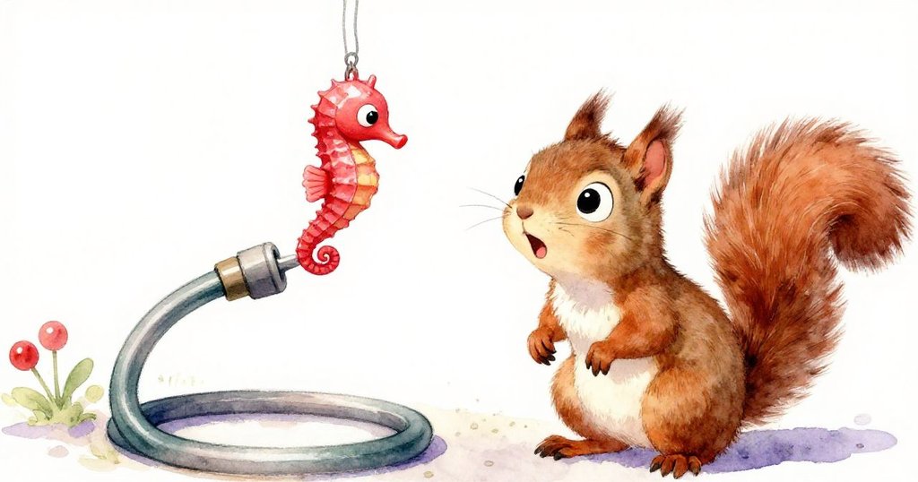 小松鼠驚訝地看著塑膠海馬在搖晃水管上空翻轉，臉上滿是驚奇，發現瞬間充滿動感。