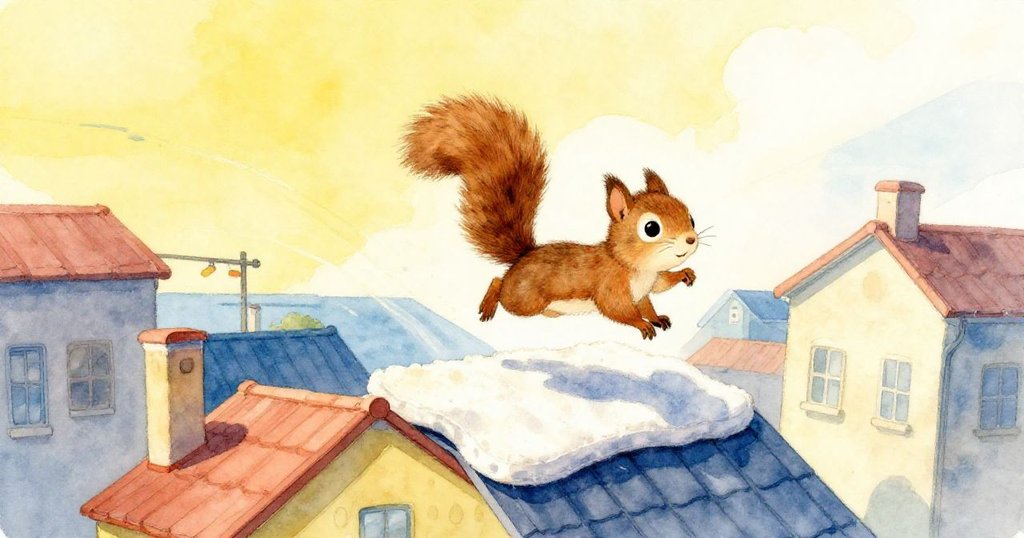 小松鼠迎著夕陽輕快跳躍，耳朵翹起，在連接屋頂上邁向開闊新路，故事迎來希望的尾聲。