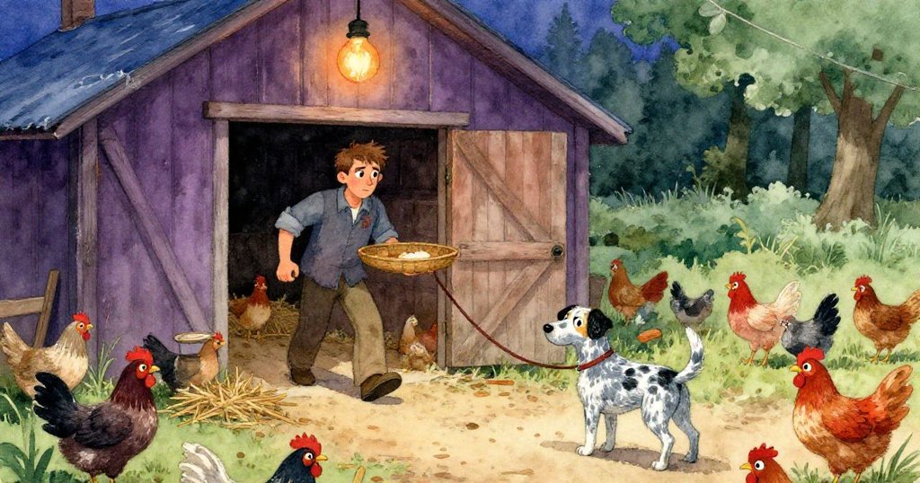 Wade正走向鄉村雞舍,身旁狗狗Patch和許多雞隻熱鬧互動,燈光柔和映照出溫暖的農場夜色。