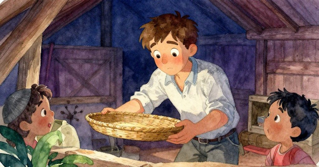 Wade專注的眼神特寫,他一手撐著盤子,臉上充滿堅定與關懷,背景隱約見到雞舍內部細節。