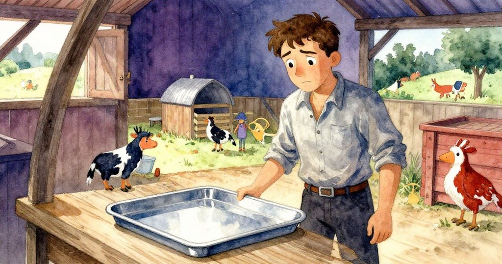 鏡面般閃亮的盤子反射出Wade焦慮的面容與熱鬧雞舍內景,細膩光影展現農場中微妙的張力與平衡。