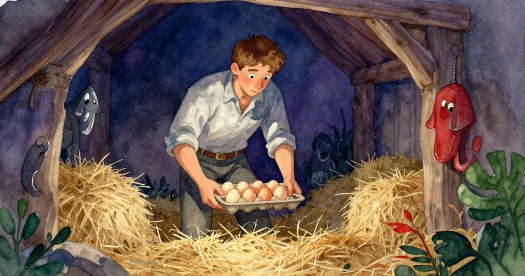 在雞舍隱秘角落中,Wade小心放低盤子,調整散落的草堆與滾動的蛋,營造出一處安靜而神秘的避風港。