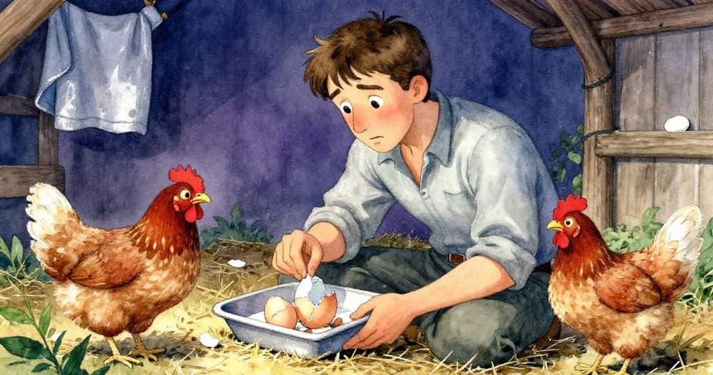 Wade發現一顆剛破裂的雞蛋,一隻好奇小母雞在盤邊探頭,畫面中流露出既憂慮又驚奇的神情。