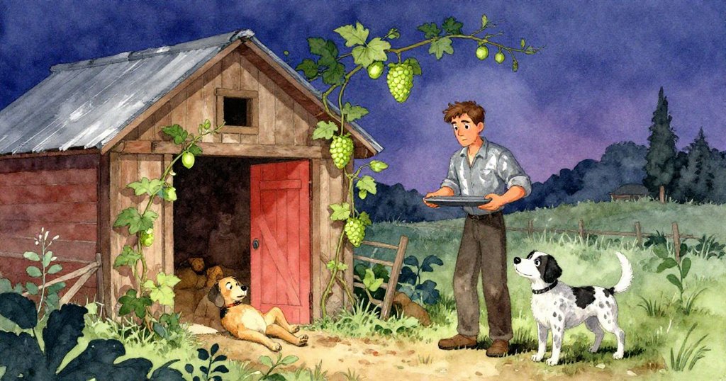 在平靜的農舍全景中,Wade緊抱盤子,Patch安靜地躺在門旁,背景中綠藤上掛著熟透果實,營造出安穩祥和的結局。