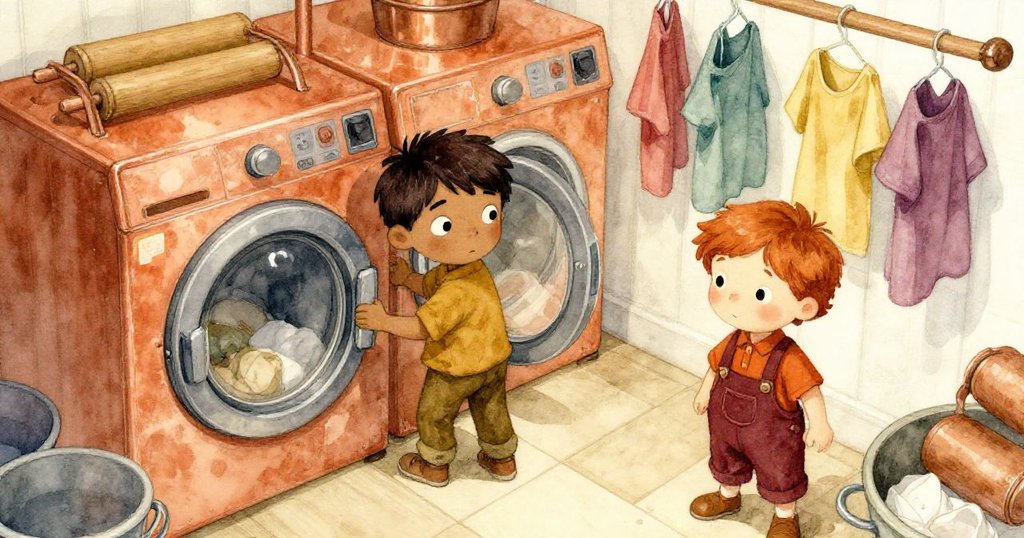 灰色和歐文在充滿蒸汽與暖色調的家庭洗衣房中忙碌，從上方鳥瞰洗衣設備與滾筒全景，情緒專注且場景豐富多彩。