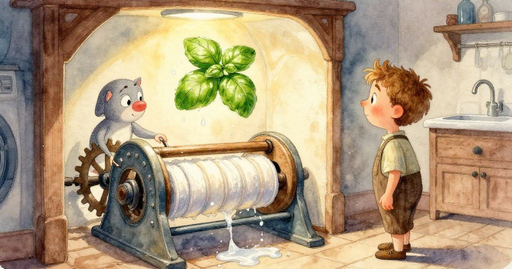 灰色在溫暖光線下專注調整洗衣機下的齒輪，細膩手部動作展現家庭洗衣房中精心操作的工藝與情懷。