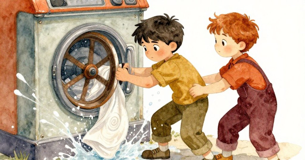 灰色與歐文從斜角視角展現合力動作，共同轉動搖桿，衣物與水花飛濺，場面充滿活力與家庭溫馨。