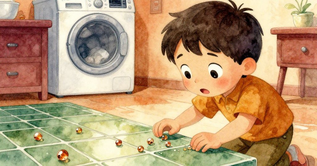 灰色在家庭洗衣房中停下腳步，專注欣賞綠色瓷磚上細小珠子滑動，臉上流露出驚喜與好奇之情。