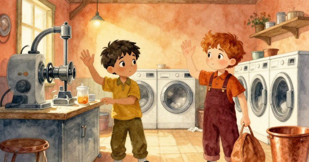 灰色與歐文在家庭洗衣房中結束忙碌，滿足微笑並向活躍機械揮手告別，溫暖光影與閃爍水跡營造結局氛圍。