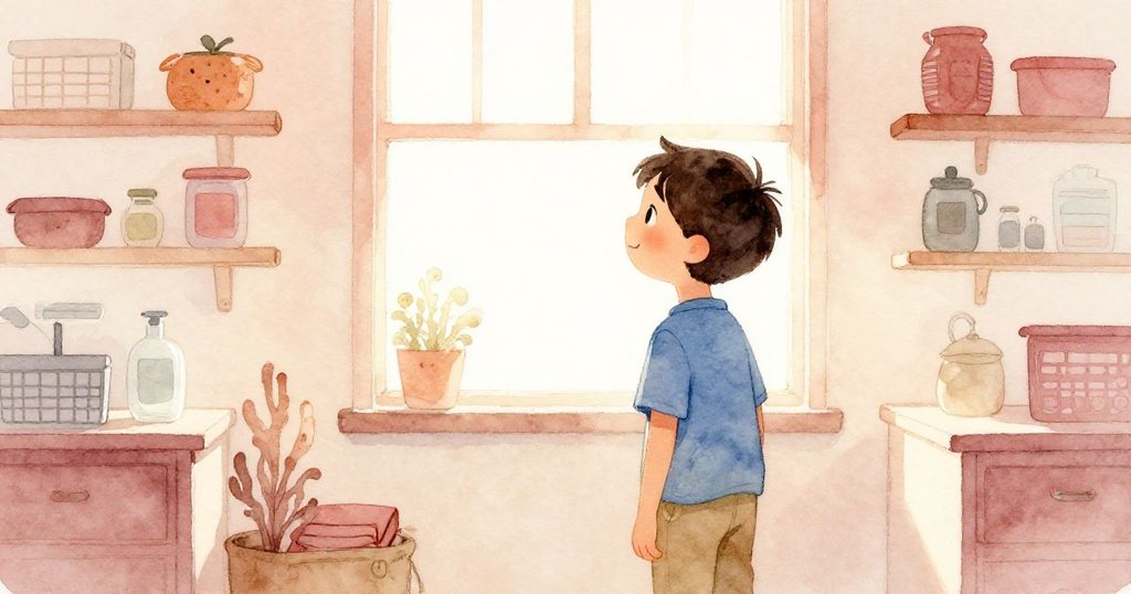 Wade 在明亮窗邊的供應室中，以側影呈現，正用金屬篩子篩沙，背景溫暖明亮，表情專注而期待。