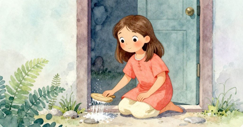 Dina 在門邊跪著，其腳步踏在石板上，輕拂著鹽霧與蕨葉，動作溫柔且專注，呈現自然質感。