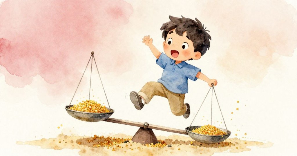 Wade 驚訝地看著金黃花粉落在天平上，鏡頭傾斜呈現動態效果，沙粒與花粉在空中舞動，充滿活力。