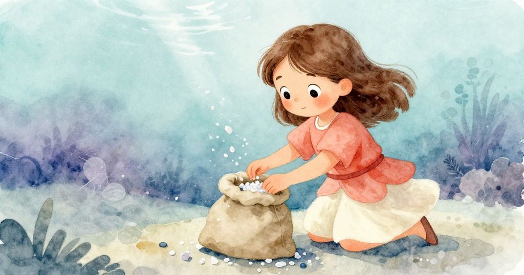 在柔和藍光下，Dina 俯身整理灑落的鹽晶，宛如置身水中，動作優雅且充滿驚喜，畫面夢幻柔和。