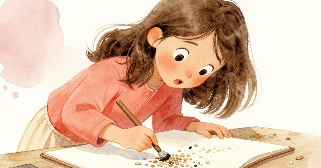 Dina 眼中閃爍著驚喜，正發現沙與鹽混合出的美麗圖案，近拍捕捉她滿是好奇與喜悅的表情，溫馨動人。