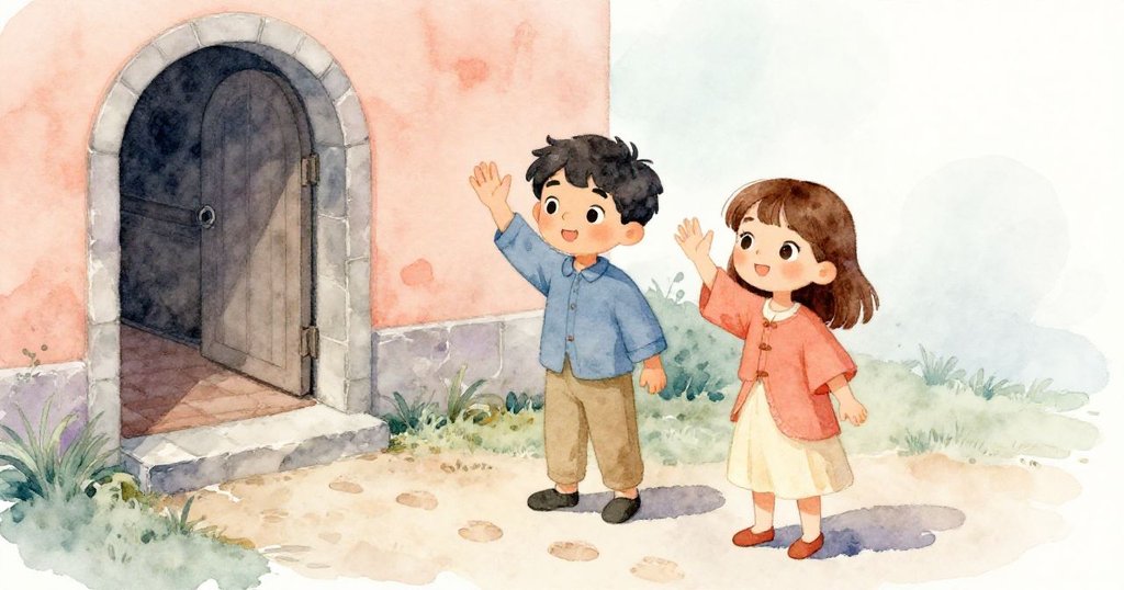 Wade 與 Dina 站在開放閘口旁，沿著有沙跡的階梯揮手告別，溫暖夕陽下流露著惜別與美好回憶。