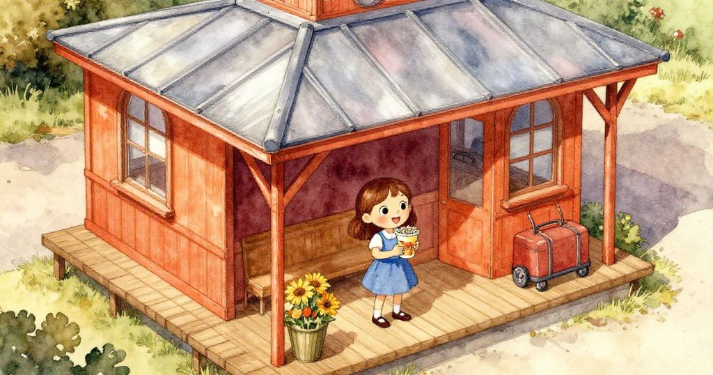 在晨光中,Joy在小車站等待公車,手持紙杯裡的向日葵種子,遠處行李推車正經過,場景呈現全貌。