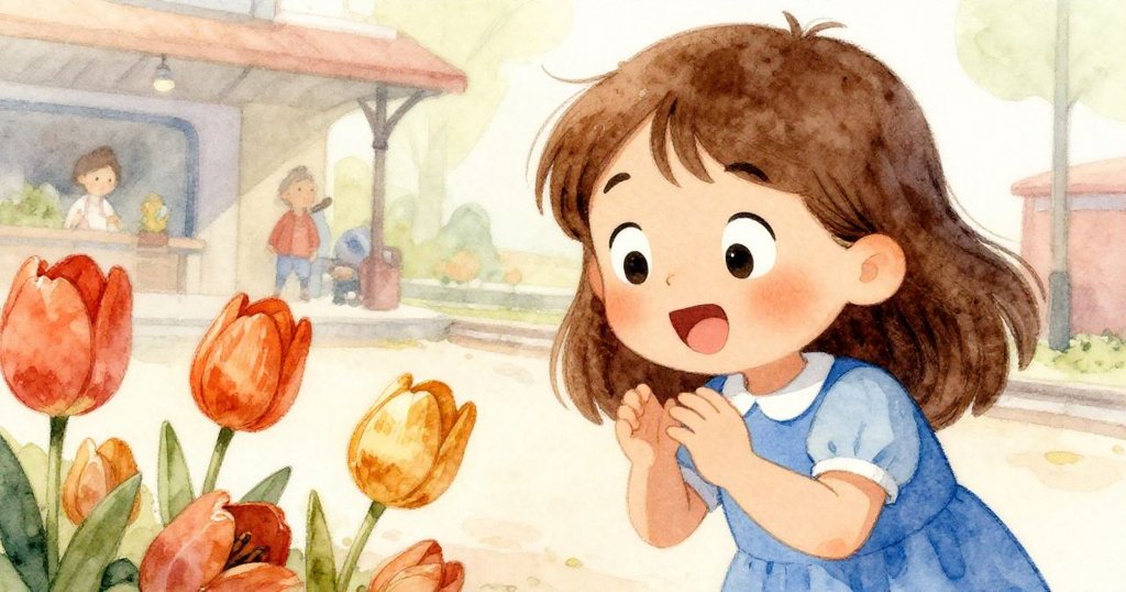 Joy面露驚喜與微笑,手持紙杯近距離凝視滾動的花球,畫面細膩刻劃她的神情與背景情境。