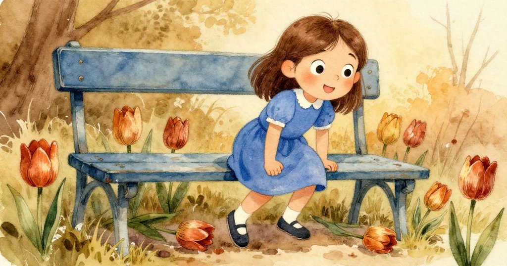 低角度展現Joy抓住老舊藍色長椅扶手,身旁滾動的花球突顯她迅速反應,畫面充滿動態與溫暖色調。