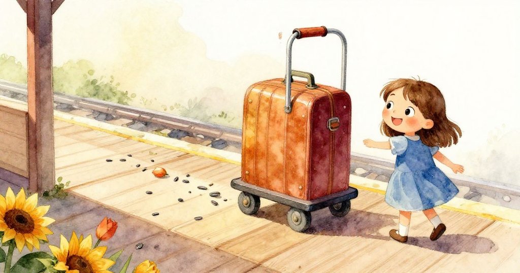 午間光影漸深,小車站內散落著向日葵種子與花球,行李推車緩緩前行,營造出時間流逝的氛圍。