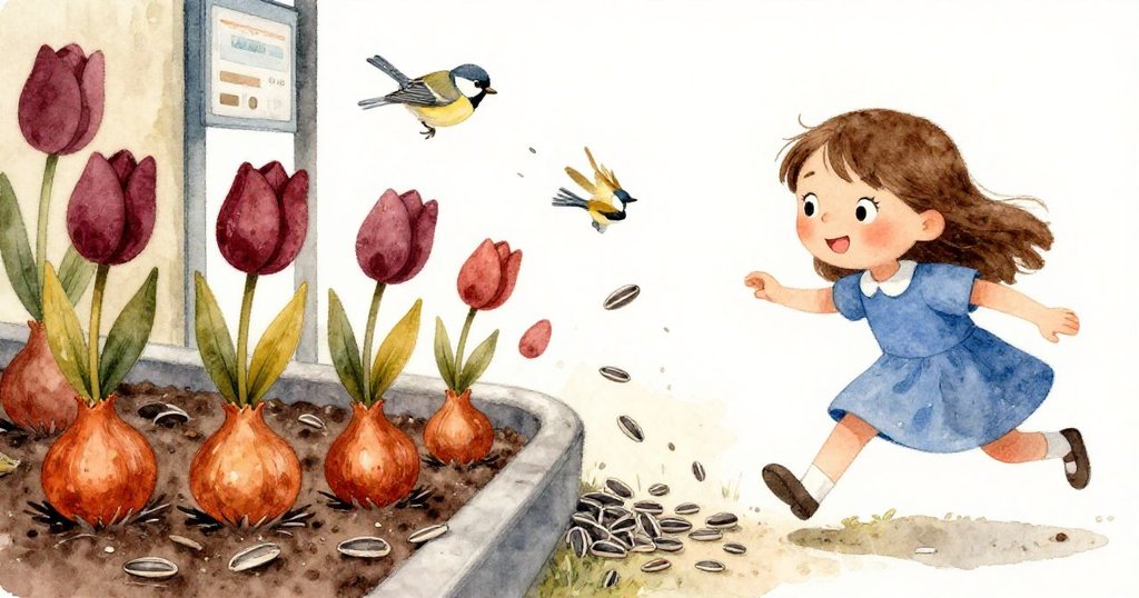 展現緊張瞬間,花球與向日葵種子迅速滾向溝渠,鳥兒急速飛舞,Joy小心閃避,畫面充滿動感與懸念。