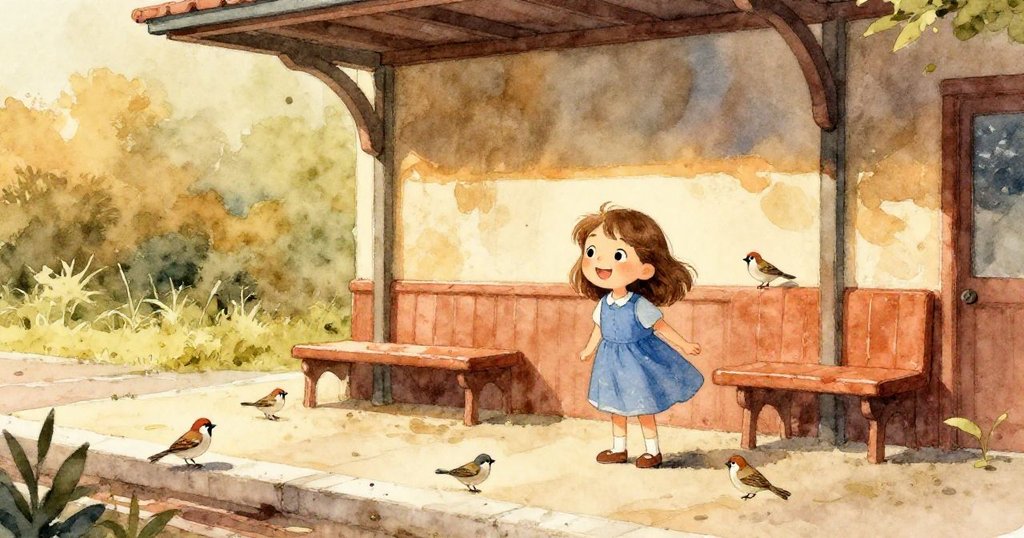 車站恢復寧靜,陽光灑滿平台,Joy笑容滿面站立著,鳥兒靜靜相伴,呈現溫馨落幕的美好畫面。