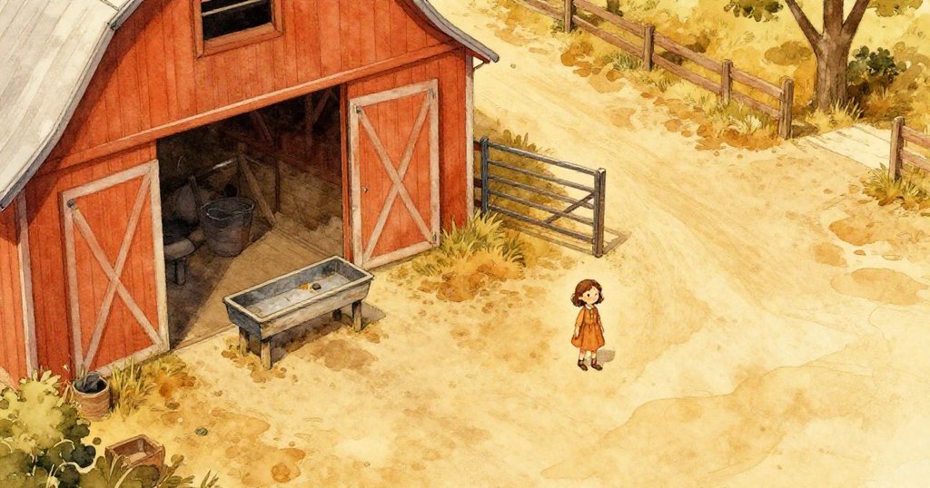 在農場上的早晨,Kira 站在舊水槽與馬棚之間,從高空俯瞰見塵土小巷,充滿期待與寧靜感。