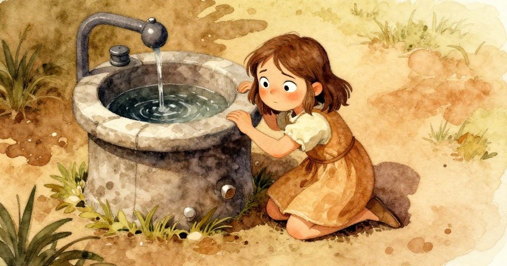 從高處俯視,Kira 跪在舊水槽邊,面對刺眼光線與重疊陰影,神情專注且堅定地尋找藏於光影中的信封。