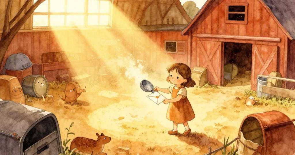 從高處俯瞰農場,灑落的陽光中塵埃閃爍,Kira 輕柔操作鐵鏟尋找信封,場景洋溢著溫暖與奇妙光影。